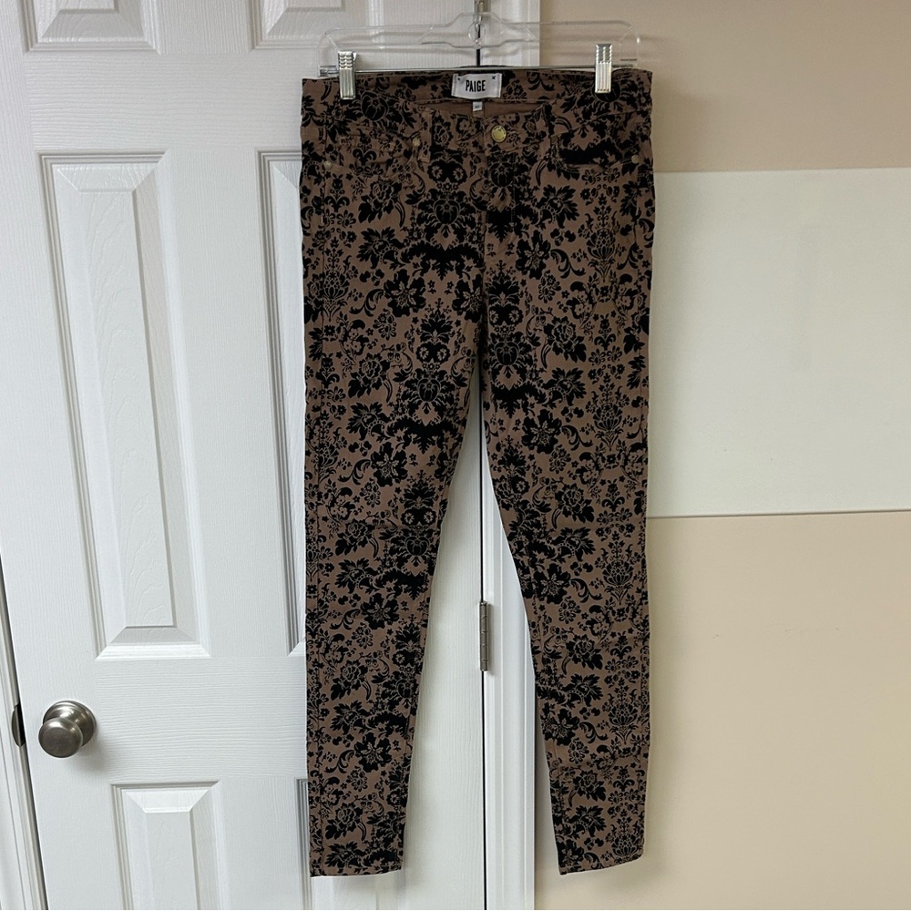 PAIGE Brown Skinny Jeans with Black Floral Print